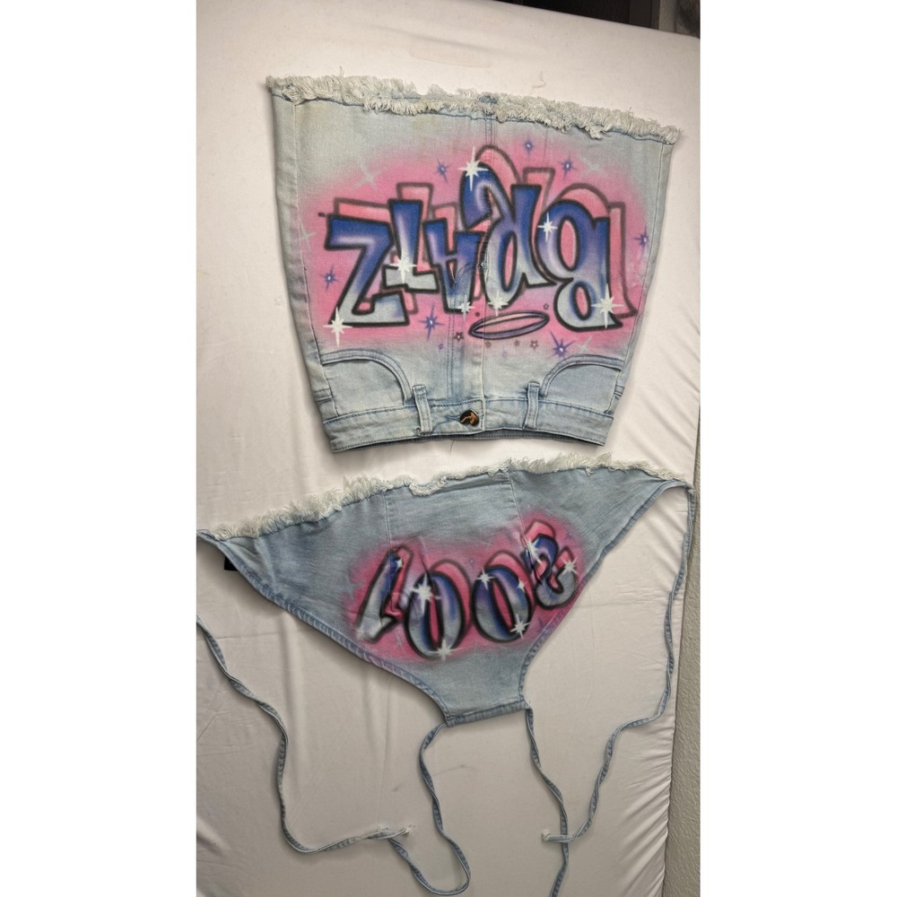 Dolls Kill x Bratz Denim Airbrush Graffiti 2 Piece Set Y2K 2000s Blue Pink Small